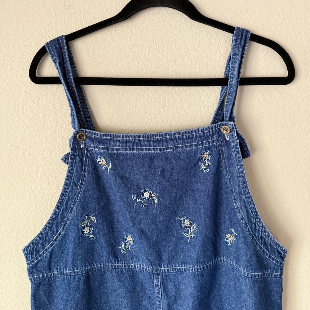 Vintage Premier International Embroidered Blue Jean Denim Overall Dress Floral - Picture 4 of 6